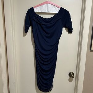 Navy blue off shoulder form fitting cocktail dress. Brand is Venus.